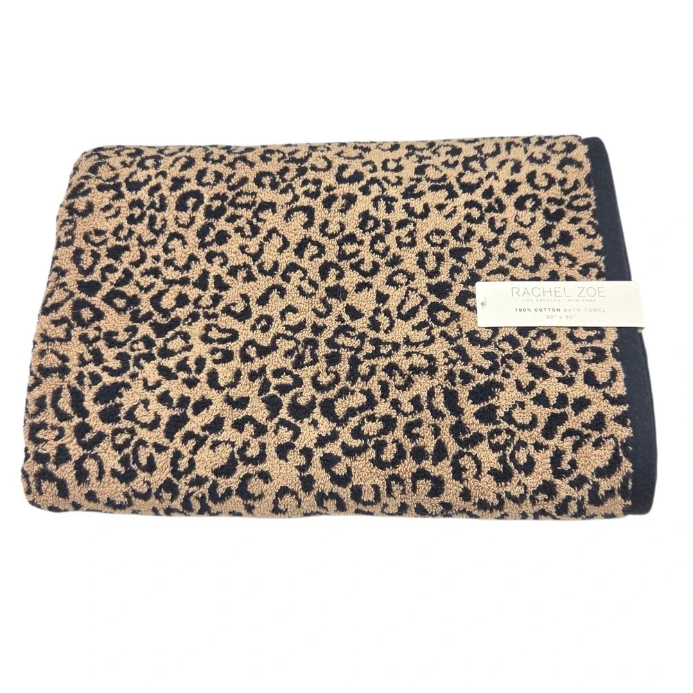 Rachel Zoe Leopard Cheetah Print Cotton Bath Towel 30x56 Black Ginger  Reversibl